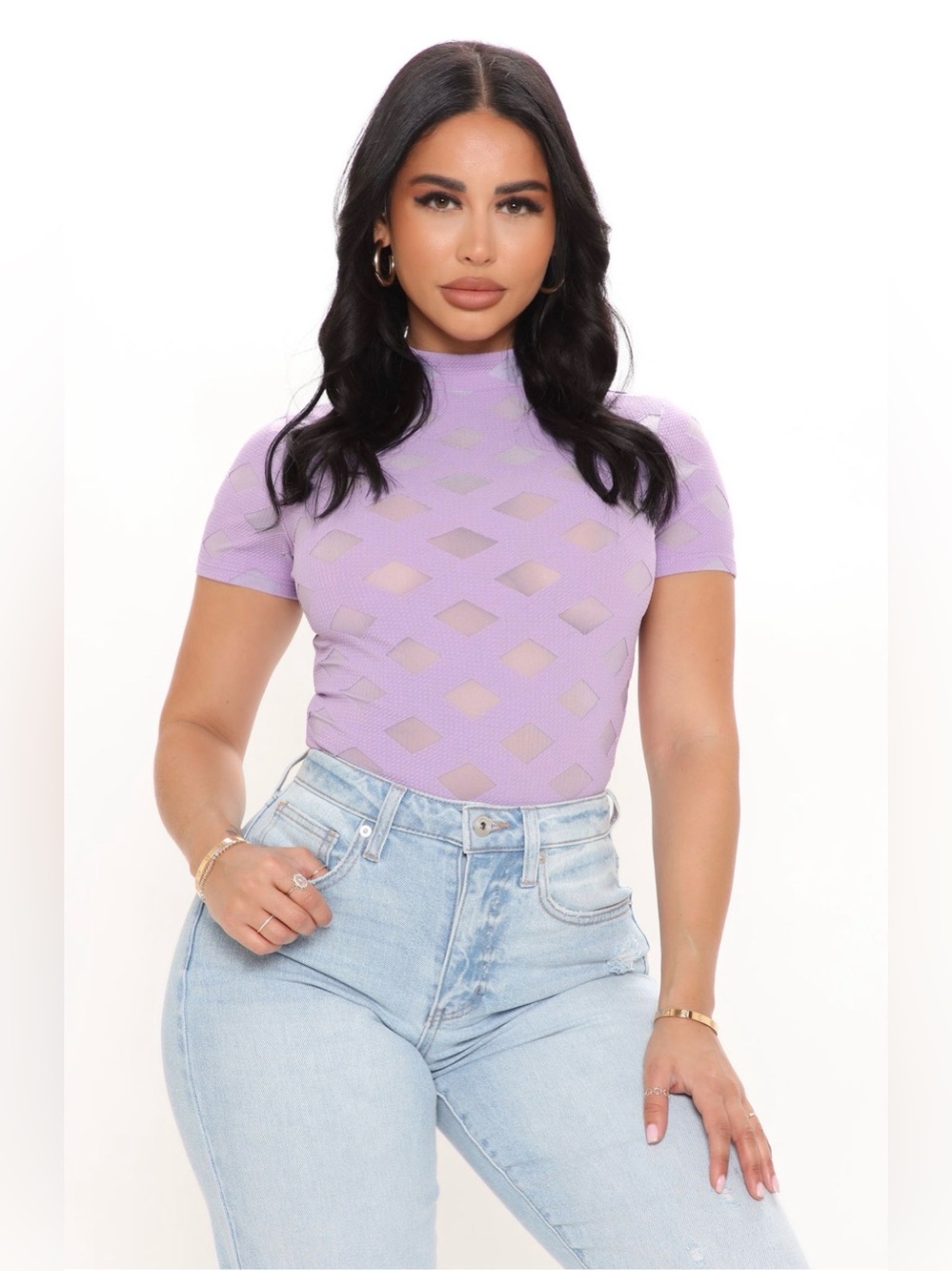 LILAC SHORT-SLEEVE MOCK NECK DIAMOND MESH BODYSUIT SIZE MEDIUM